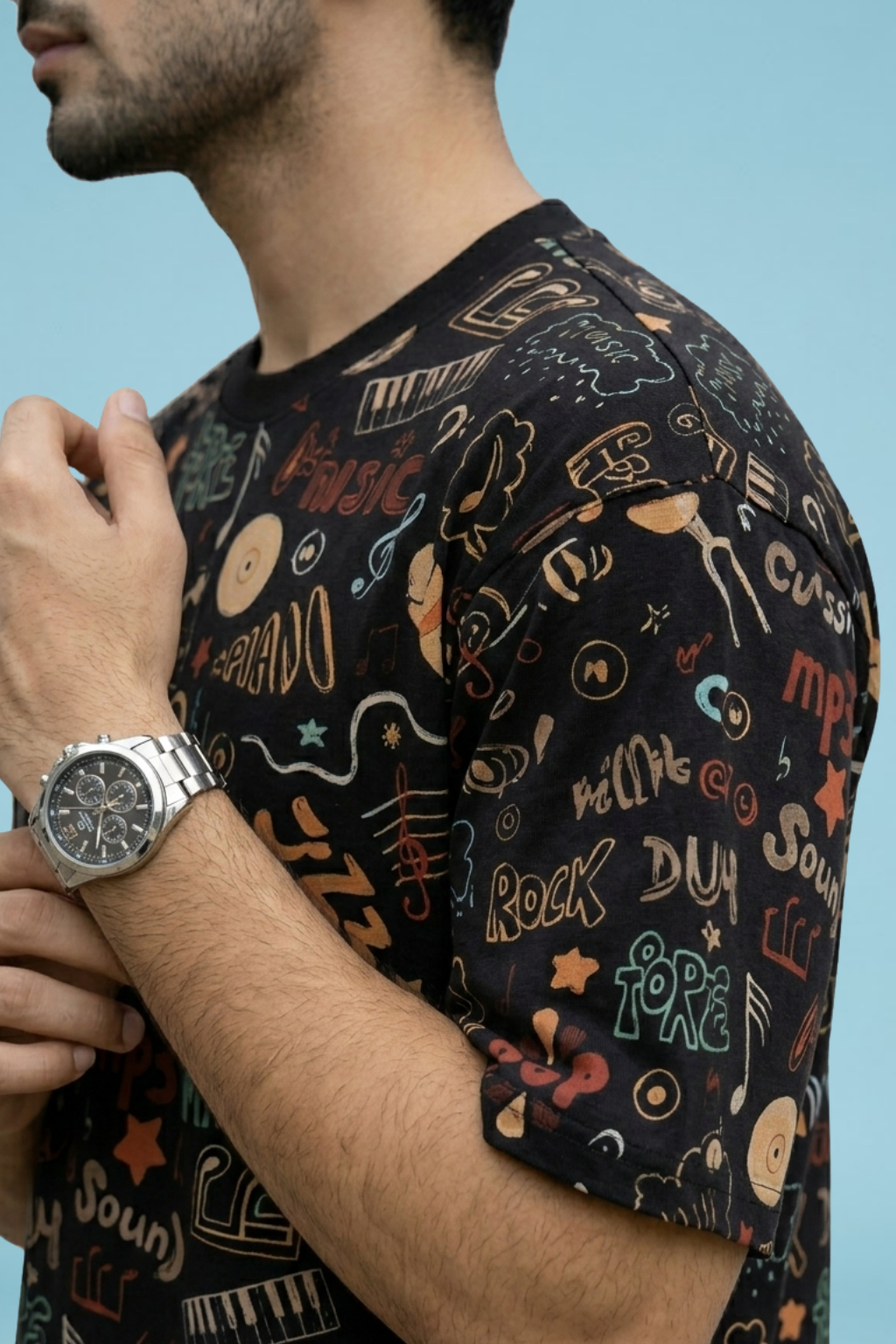 Black Premium Fabric Oversized Printed T Shirt For Men