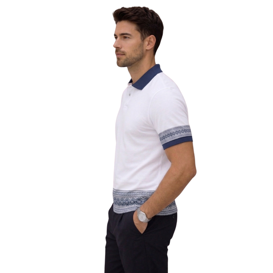White Premium Fabric Regular Printed Polo T Shirt For Men