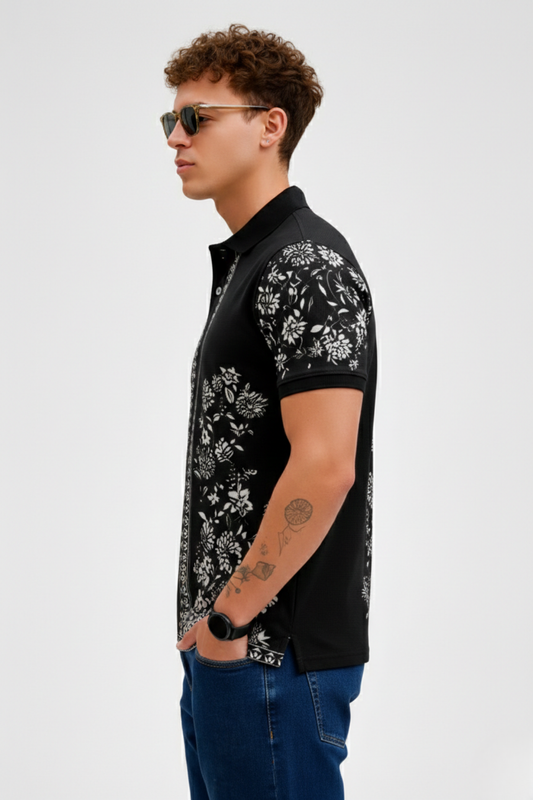 Black Premium Fabric Regular Printed Polo T Shirt For Men