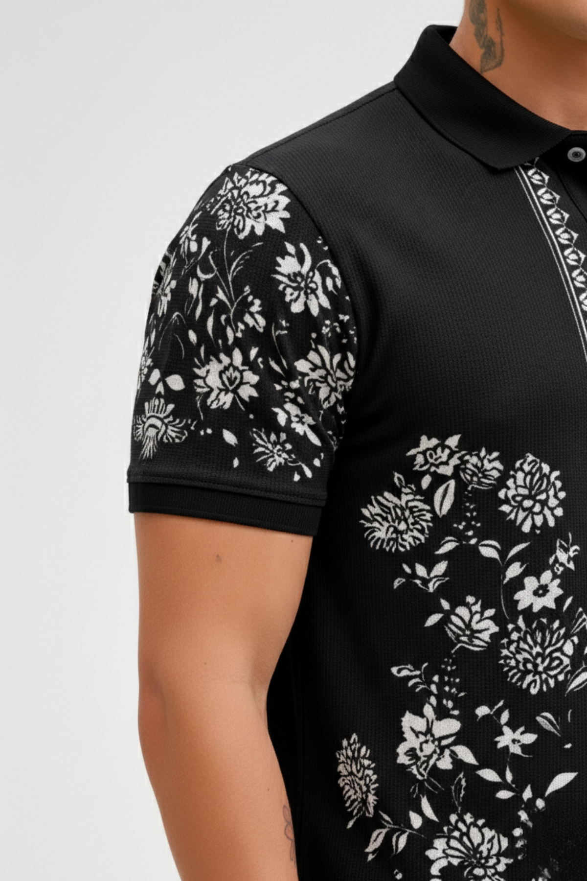 Black Premium Fabric Regular Printed Polo T Shirt For Men