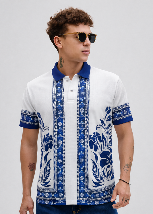 White Premium Fabric Regular Printed Polo T Shirt For Men