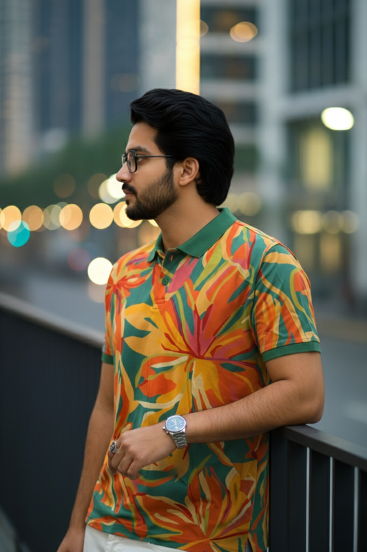 Multicolor Premium Fabric Regular Printed Polo T Shirt For Men