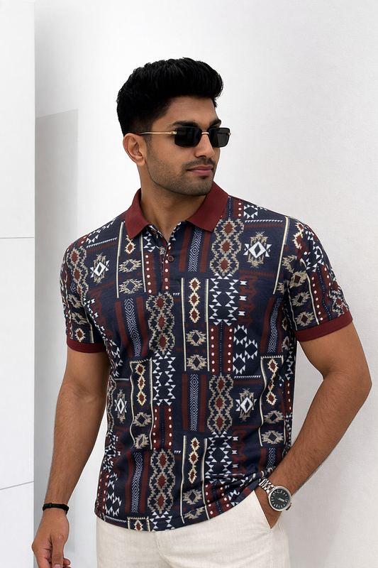 Multicolor Premium Fabric Regular Printed Polo T Shirt For Men