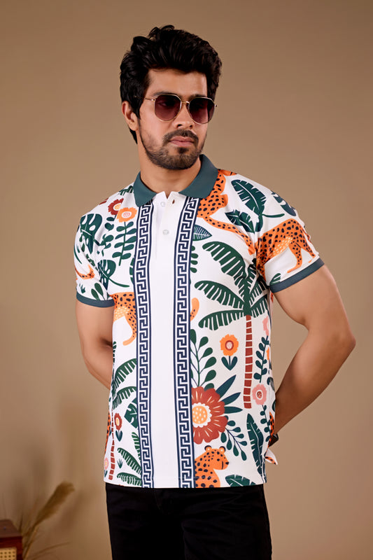 Multicolor Premium Fabric Regular Printed Polo T Shirt For Men
