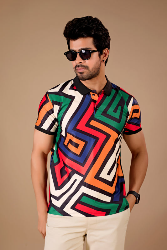 Multicolor Premium Fabric Regular Printed Polo T Shirt For Men
