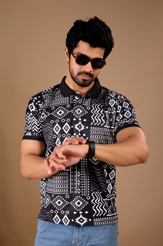 Black Premium Fabric Regular Printed Polo T Shirt For Men