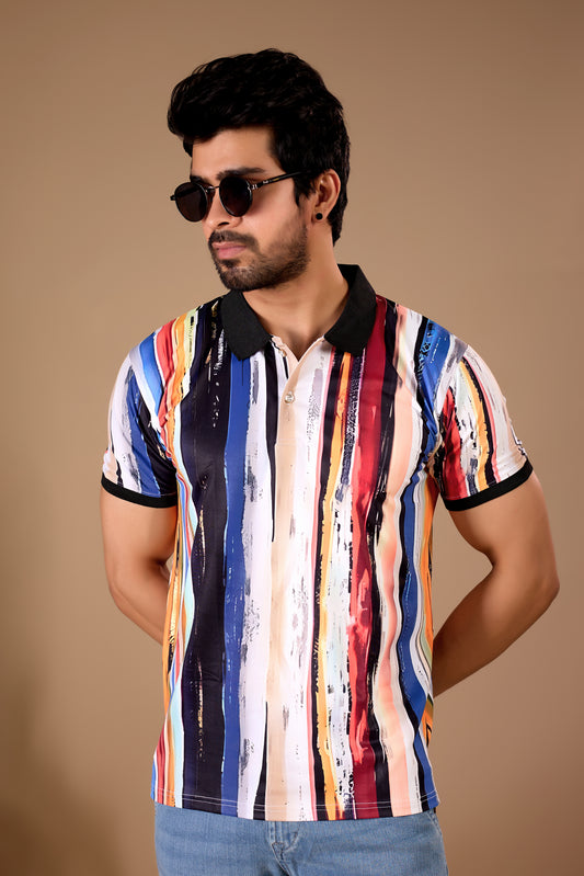 Multicolor Premium Fabric Regular Printed Polo T Shirt For Men