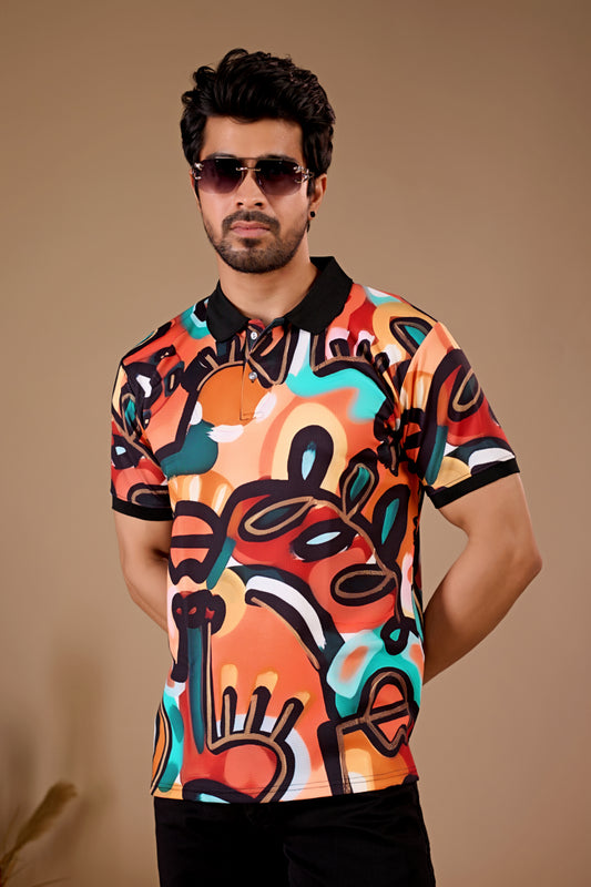 Multicolor Premium Fabric Regular Printed Polo T Shirt For Men