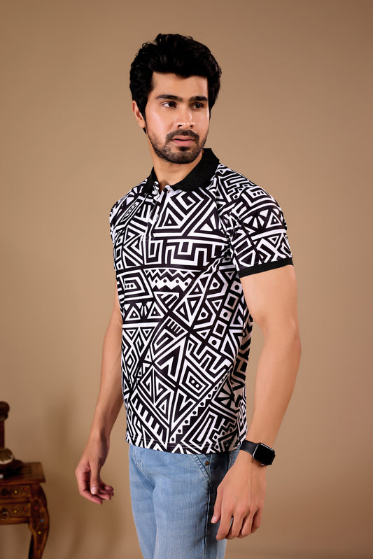 Black Premium Fabric Regular Printed Polo T Shirt For Men