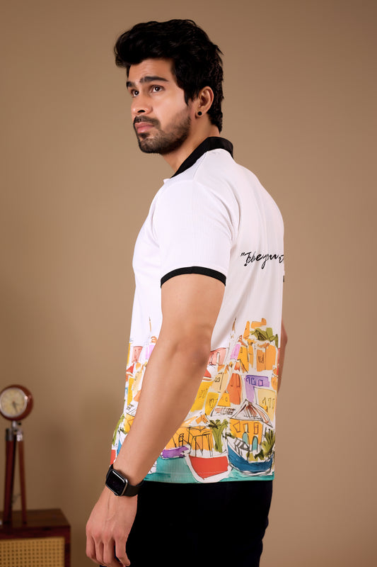 White Premium Fabric Regular Printed Polo T Shirt For Men