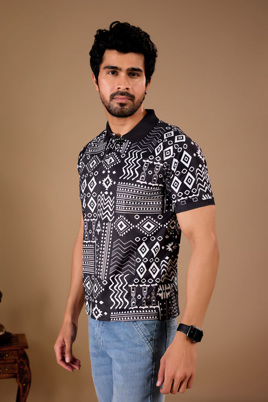 Black Premium Fabric Regular Printed Polo T Shirt For Men