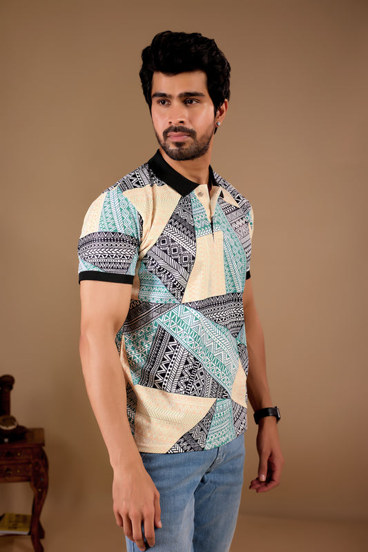 Multicolor Premium Fabric Regular Printed Polo T Shirt For Men