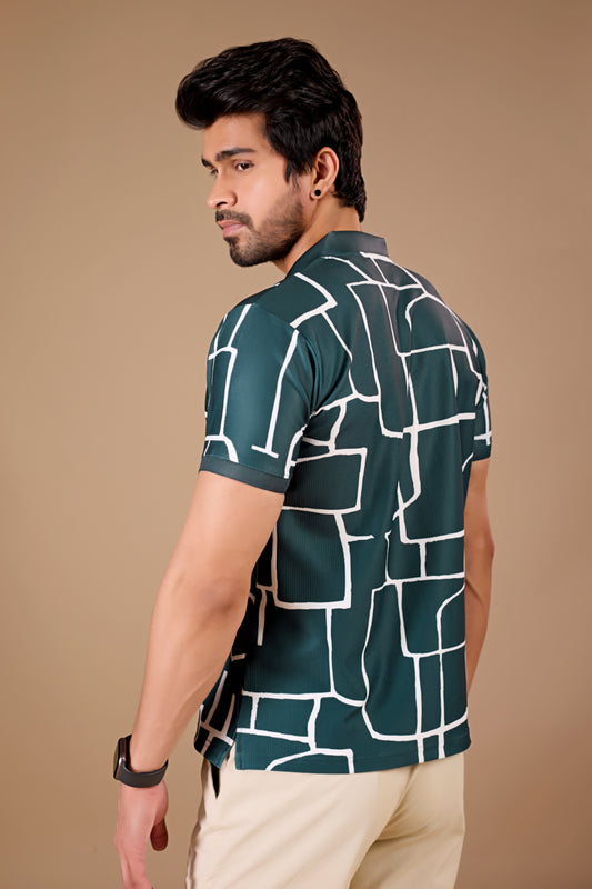Tshirtsbuddy Mens Abstract Geometric Print Polo Shirt - Dark Teal