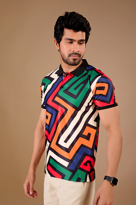 Multicolor Premium Fabric Regular Printed Polo T Shirt For Men