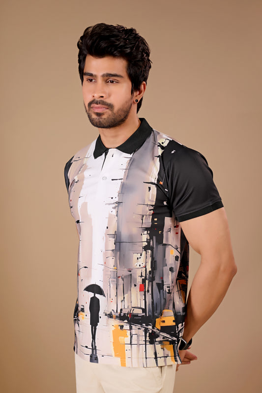 Tshirtsbuddy Mens Abstract Cityscape Print Polo Shirt For Men