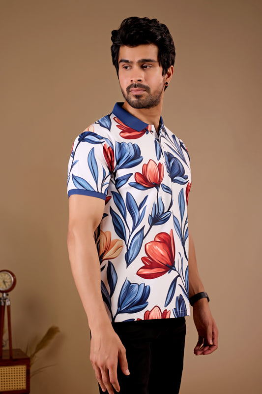 Multicolor Premium Fabric Regular Printed Polo T Shirt For Men