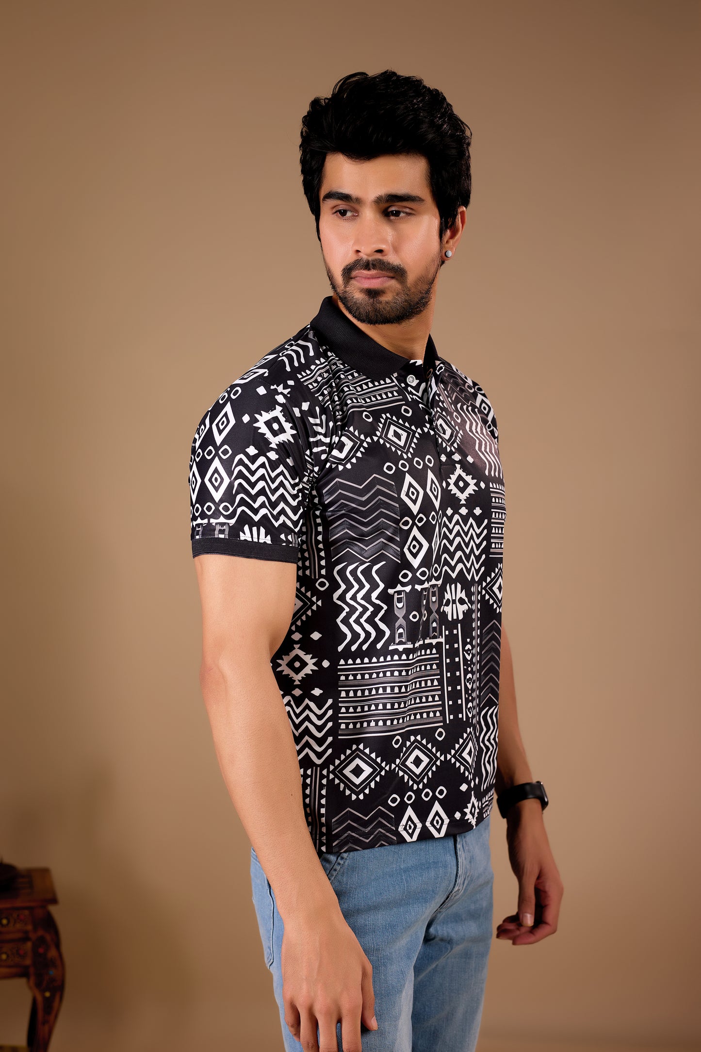 Black Premium Fabric Regular Printed Polo T Shirt For Men