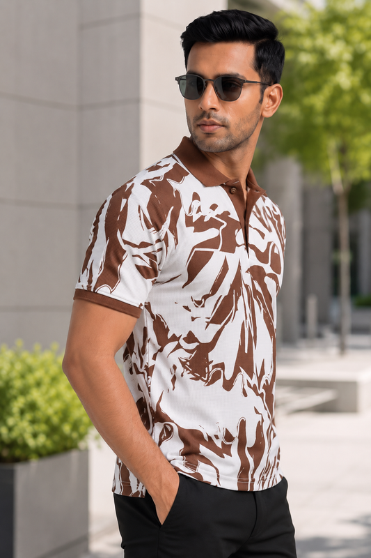 Tshirtsbuddy Men's Rustic Brown Abstract Camo & Leaf Print Polo T-Shirt
