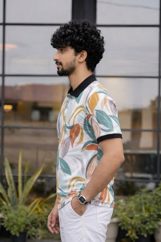 Tshirtsbuddy Men's Tropical Leaf & Feather Print Polo T-Shirt