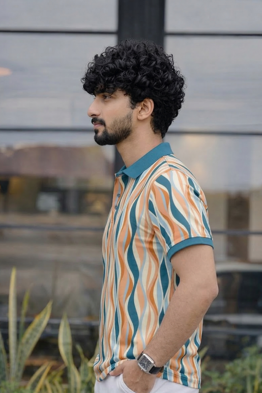 Tshirtsbuddy Men's Vintage Wavy Stripe Polo T-Shirt