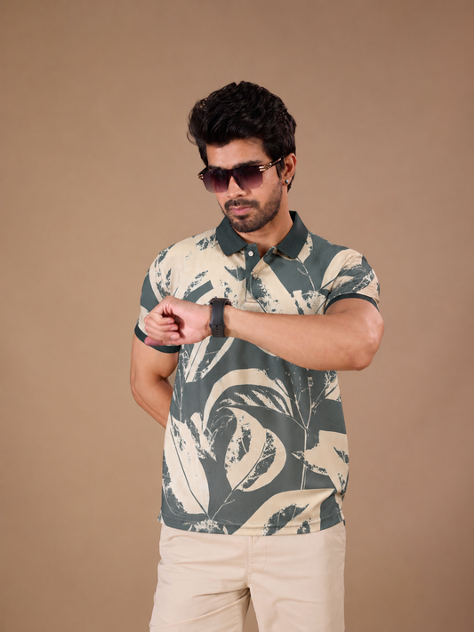 TshirtsBuddy Mens Rustic Distressed White Leaf Print Polo Tshirt