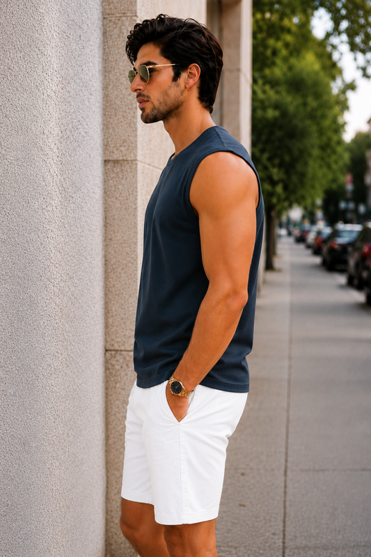 Men’s Navy Blue Sleeveless Tank Top with White Shorts
