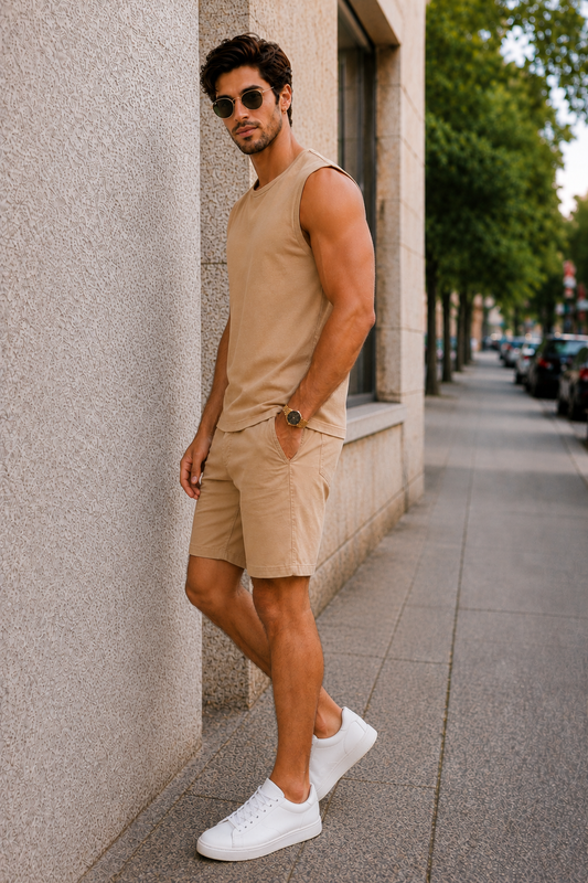 Men’s Beige Sleeveless Tank Top with Matching Shorts