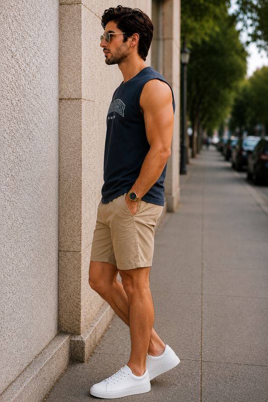 Men’s Navy Blue Brooklyn Printed Sleeveless Tank Top with Beige Shorts
