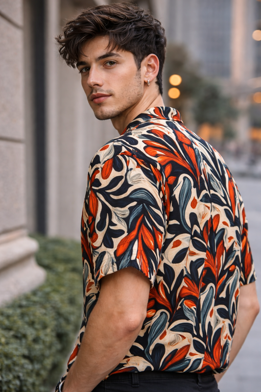 Men’s Multicolor Botanical Print Camp Collar Shirt