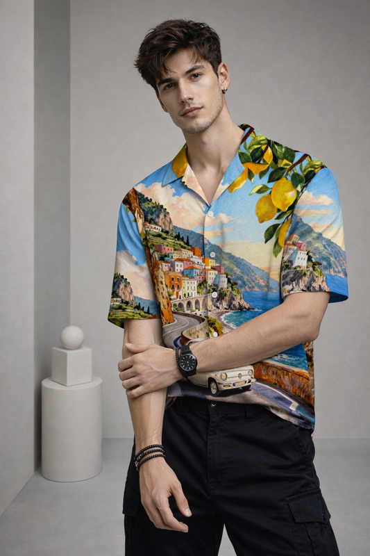 Men’s Multicolor Scenic Print Camp Collar Shirt