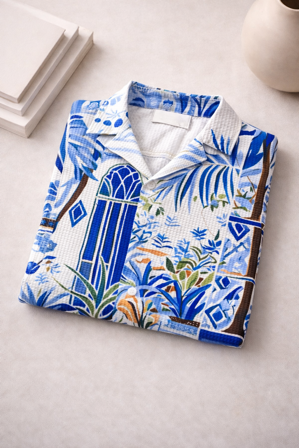 Men’s Blue Tropical Print Camp Collar Shirt