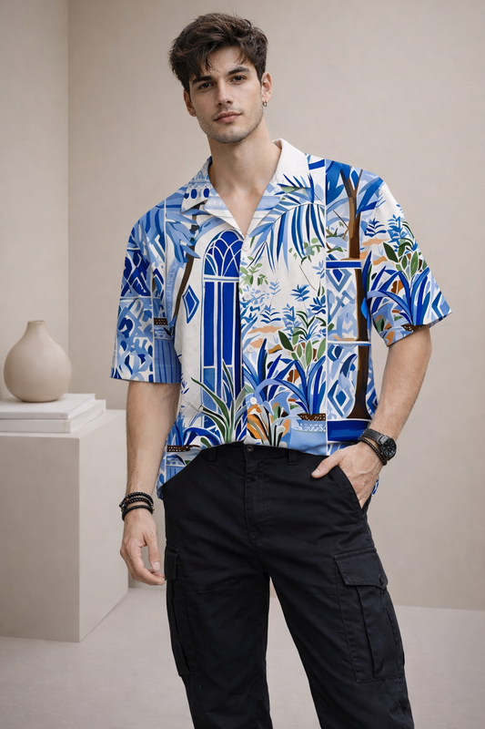 Men’s Blue Tropical Print Camp Collar Shirt