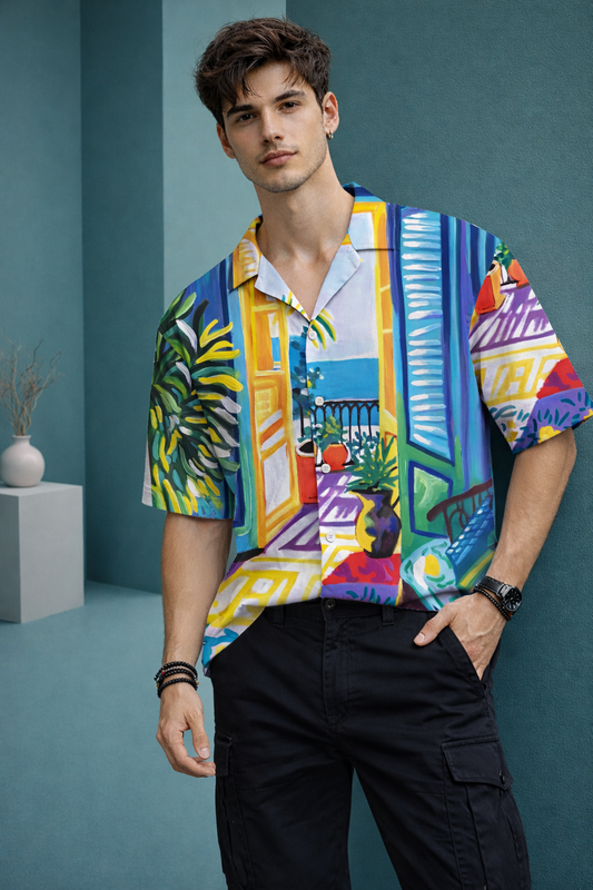 Men’s Multicolor Artistic Print Camp Collar Shirt