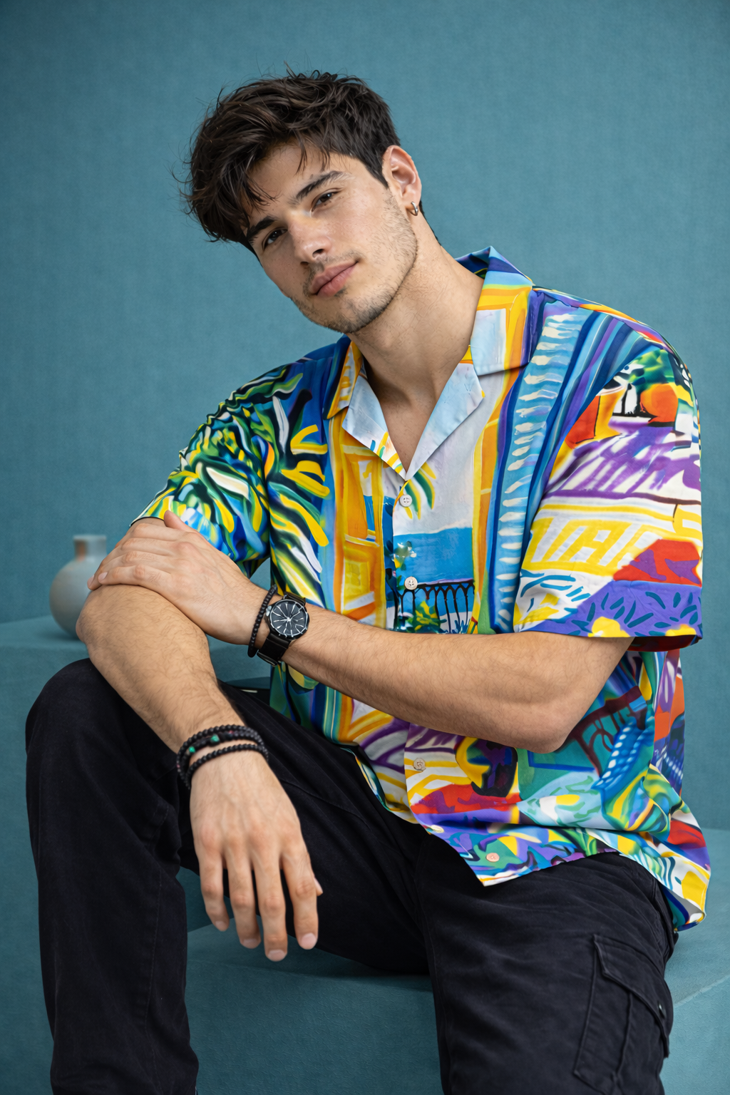 Men’s Multicolor Artistic Print Camp Collar Shirt