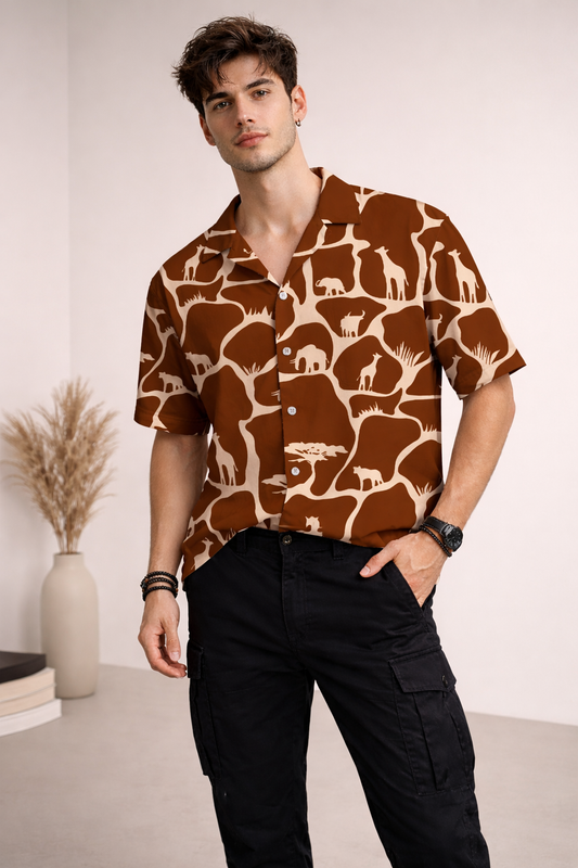 Men’s Brown Safari Print Camp Collar Shirt
