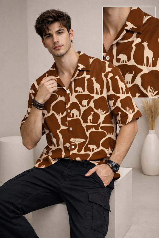 Men’s Brown Safari Print Camp Collar Shirt