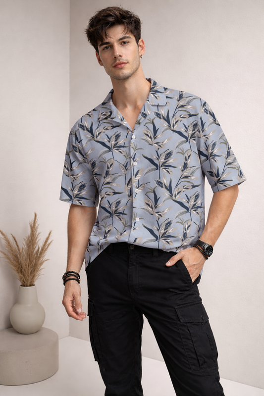 Men’s Light Grey Floral Print Camp Collar Shirt