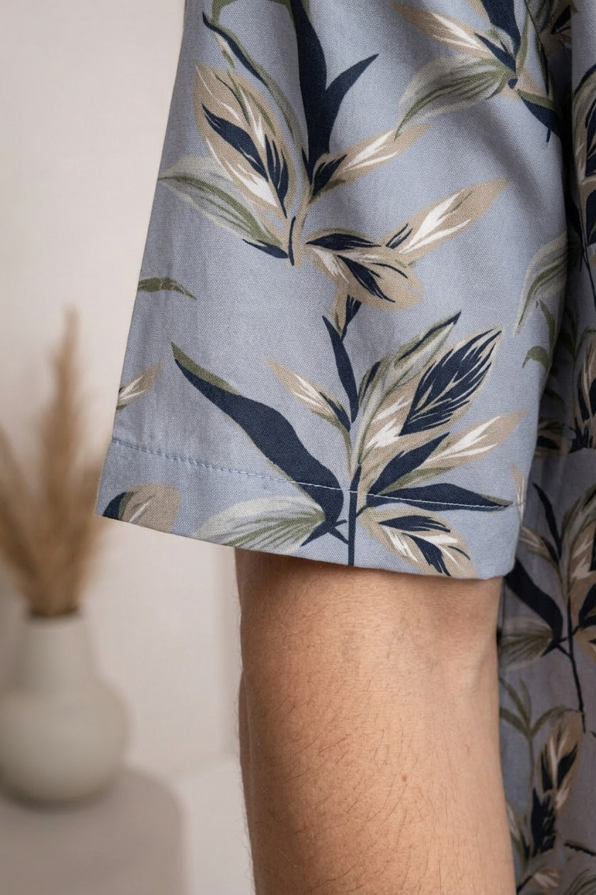 Men’s Light Grey Floral Print Camp Collar Shirt
