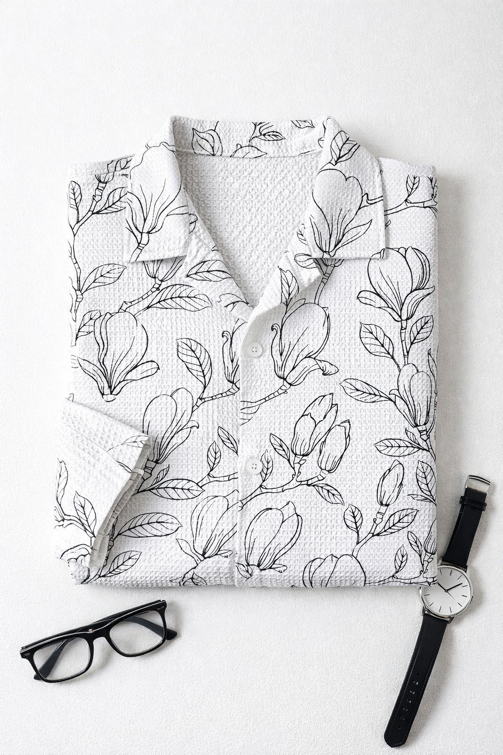Men’s White Floral Line Art Camp Collar Shirt