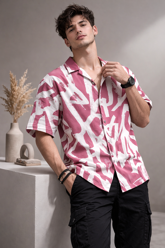 Men’s Pink Abstract Print Camp Collar Shirt