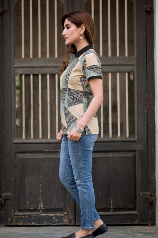 Women’s Geometric Printed Polo T-Shirt with Black Collar
