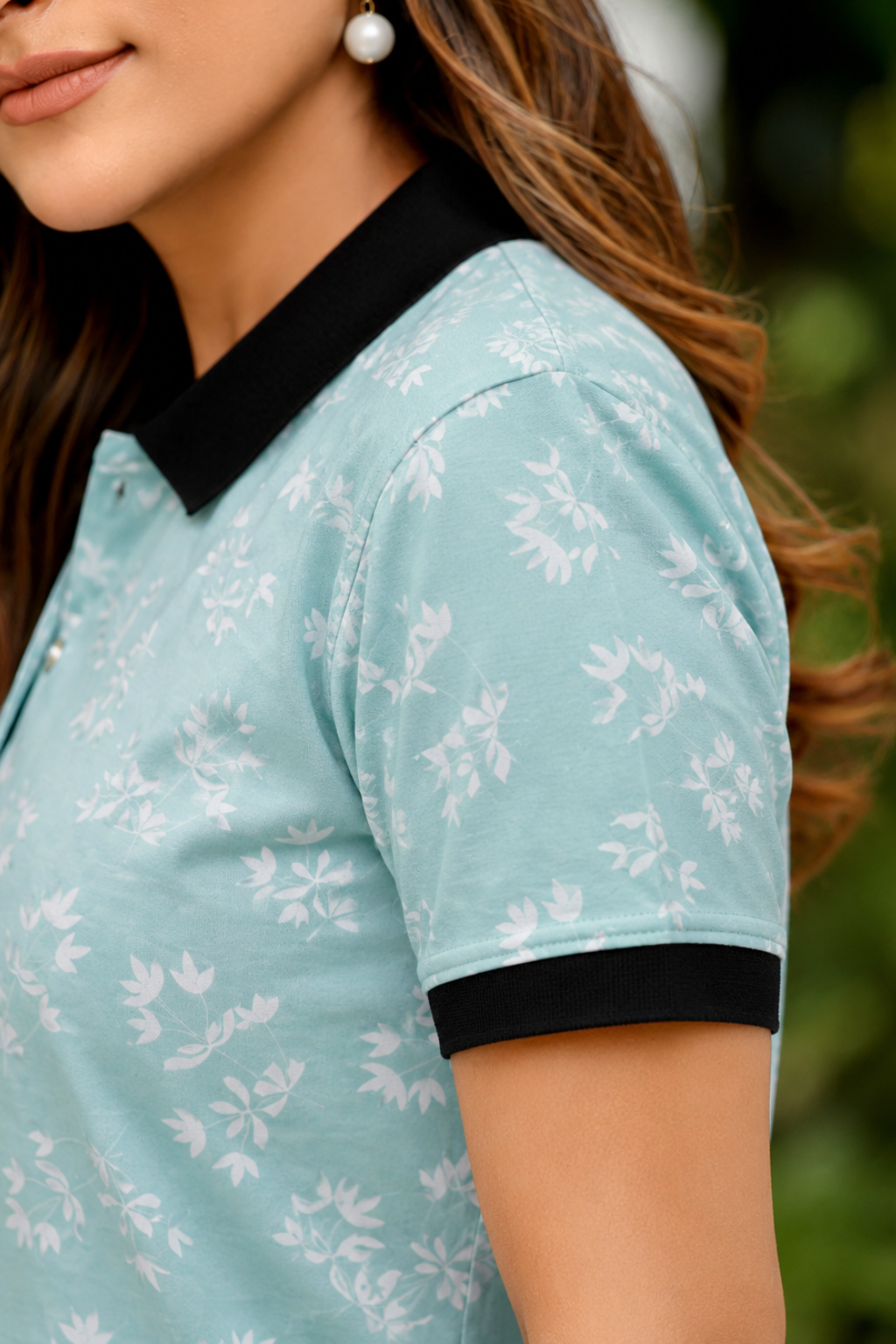 Women Sky Blue Floral Printed Polo T-Shirt