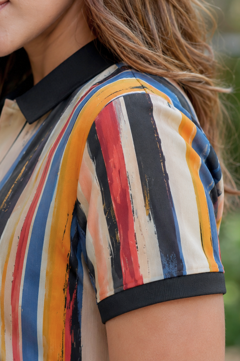 Women Multicolor Striped Printed Polo T-Shirt with Black Collar