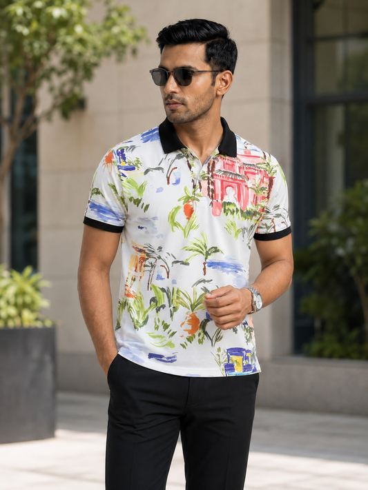 Multicolor Premium Fabric Regular Printed Polo T Shirt For Men