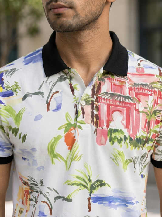 Multicolor Premium Fabric Regular Printed Polo T Shirt For Men