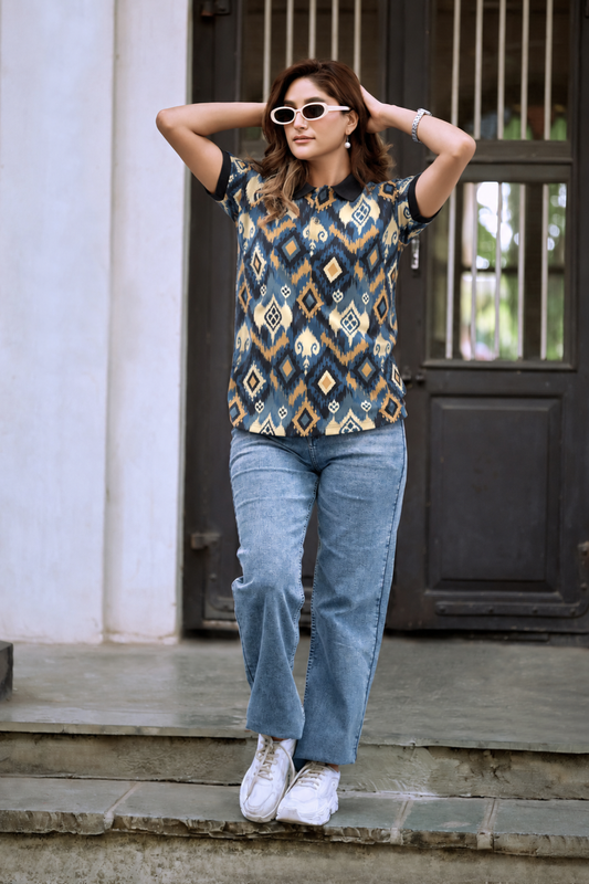 Women Blue Ikat Printed Polo T-Shirt with Black Collar