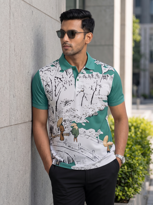 Multicolor Premium Fabric Regular Printed Polo T Shirt For Men