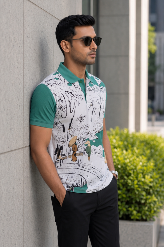 Multicolor Premium Fabric Regular Printed Polo T Shirt For Men