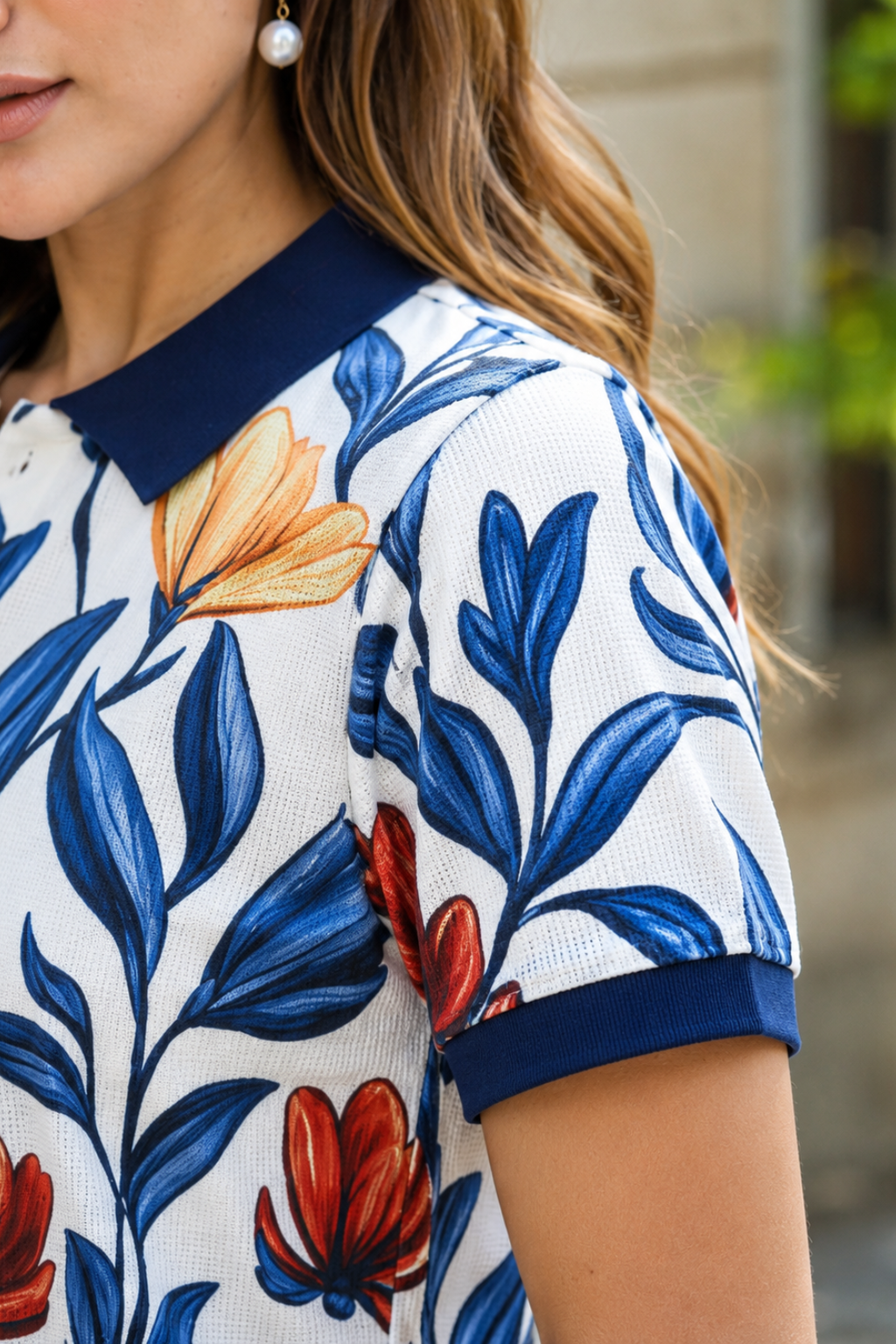 Women White Flower Print Polo T-Shirt for Casual Wear