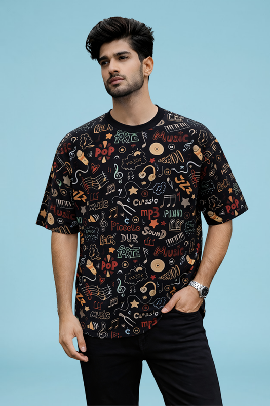 Black Premium Fabric Oversized Printed T Shirt For Men